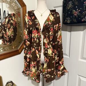VTG Dark Brown & Multicolor Floral Ruffled Long Flare Sleeve Open Front Cardigan